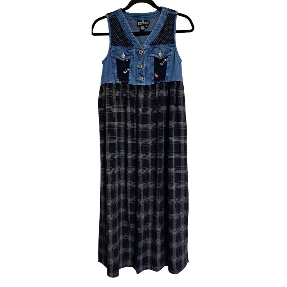 Vintage Carole Little Sport 6 Petite Denim Plaid Maxi Dress Modest Jumper Floral - Picture 1 of 10
